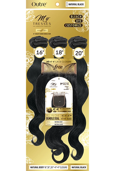 MYTRESSES GOLD LABEL Natural Body 16"18"20" + 4X4 HD CLOSURE