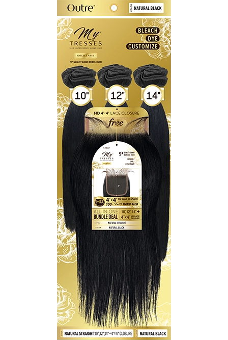 MYTRESSES GOLD LABEL Natural Straight 10"12"14" + 4X4 HD CLOSURE