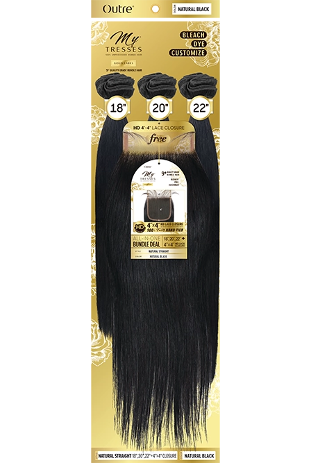 MYTRESSES GOLD LABEL Natural Straight 18"20"22" + 4X4 HD CLOSURE