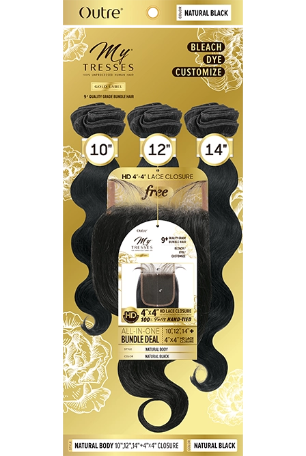 Mytresses Gold Label L Natural Body 10"12"14" + 4X4 HD Closure