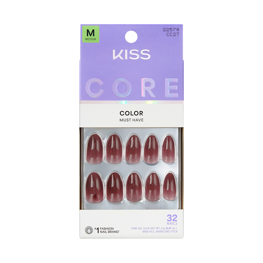 KISS Core Color Press-On Nails, Solid Signature Everyday Shade 32-Count Glue-On Kit