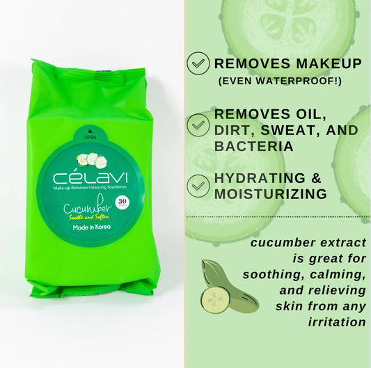 Celavi Cucumber Makeup Remover Cleansing Towelettes MT004 Single Pack, Soothing Waterproof Facial Wipes