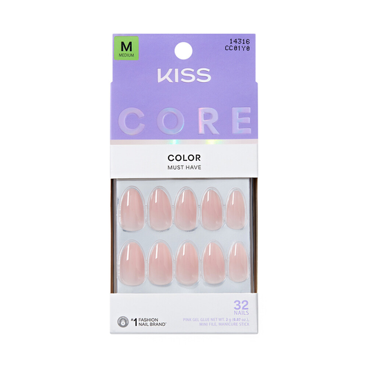 KISS Core Color Press-On Nails, Solid Signature Everyday Shade 32-Count Glue-On Kit