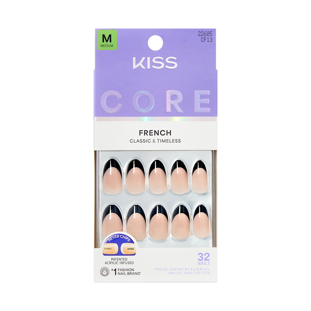 KISS Core French Press-On Nails, Classic Acrylic White Tip Full Cover Glue-On Nail Kit
