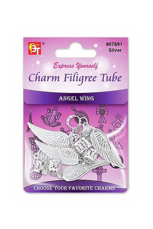 Beauty Town Silver Charm Filigree Tube Angel Wing #07891